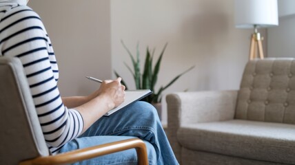 Private healthcare consultation session concept. A person sitting and writing in a notebook while relaxing in a cozy room.