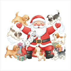 Santa with Cute Puppies Watercolor Vector Illustration on White Background
