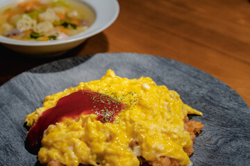 Fluffy omelet rice with soup for dinner
