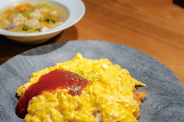 Fluffy omelet rice with soup for dinner
