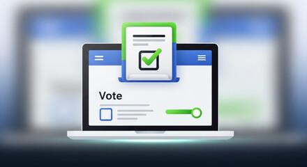 Online voting concept with a laptop showing a voting interface and a document with a checkmark