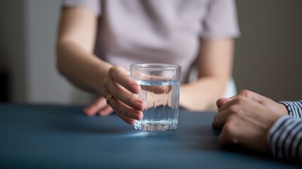 Private healthcare consultation session concept. A person offers a glass of water to another, symbolizing generosity and connection.