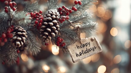 Close up of frosted pine cones and red berries on a christmas tree with a handwritten happy holidays tag and bokeh lights