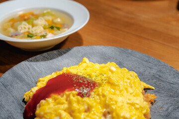 Fluffy omelet rice with soup for dinner
