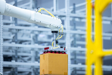 Robotic arm handling boxes on pallets in automated warehouse, Logistics warehouse automation...