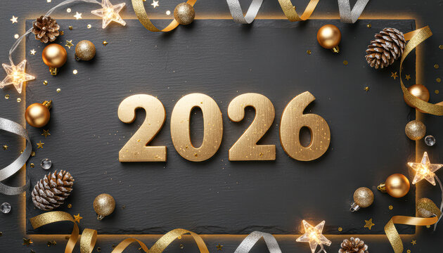 A festive arrangement featuring the year "2026" in gold, surrounded by stars, ornaments, and ribbons on a dark background, perfect for celebrations.