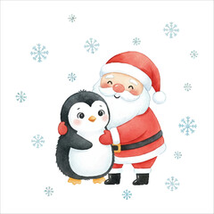 Santa Hugging Penguin Watercolor Vector Illustration on White Background
