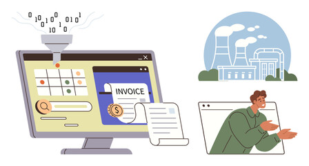 Computer screen processes data to generate invoices, industrial facility illustration, man in video call. Ideal for automation, finance, industry, communication, management, technology business