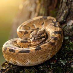 Fototapeta premium A coiled reptile perched upon a mossy tree, bathed in sunlight