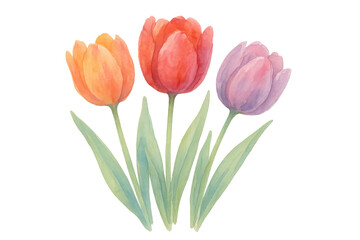 Colorful watercolor tulips painting, spring blooming flowers, botanical floral illustration with transparent background