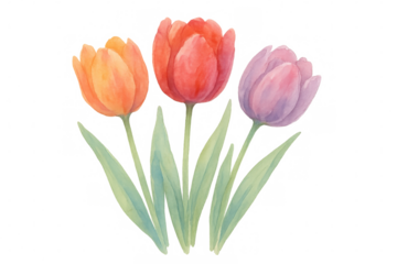 Colorful watercolor tulips painting, spring blooming flowers, botanical floral illustration with transparent background