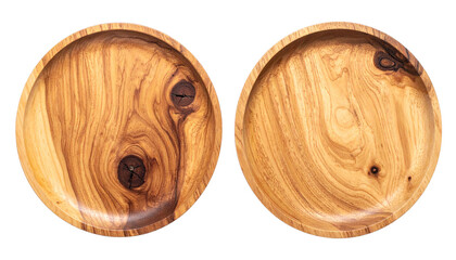 Pair of rustic wooden plates top view isolated on white background