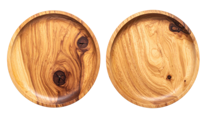 Pair of rustic wooden plates top view isolated on white background