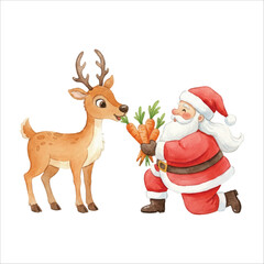 Santa Feeding Reindeer Watercolor Vector Illustration on White Background
