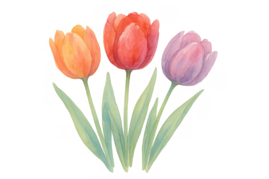 Colorful watercolor tulips painting, spring blooming flowers, botanical floral illustration with transparent background