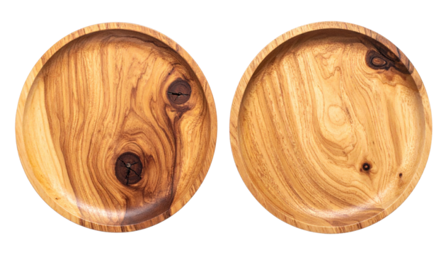 Pair of rustic wooden plates top view isolated on white background - Powered by Adobe