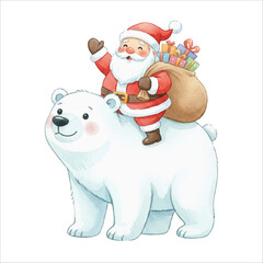 Santa Riding a Polar Bear Watercolor Vector Illustration on White Background
