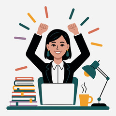 Happy business woman working on laptop at office desk &ndash; flat vector illustration of workplace productivity and success concept . Thank You . 