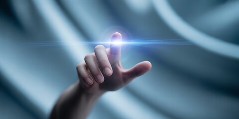 Human Finger Touching Glowing Light Beam on Blue Fabric hand pointing