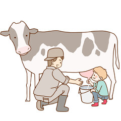 牛の乳しぼりを体験する子供と見守る大人