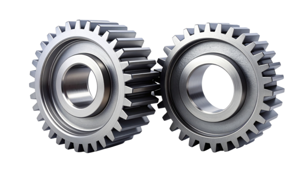 Pair of polished industrial gears isolated on white background for engineering visuals