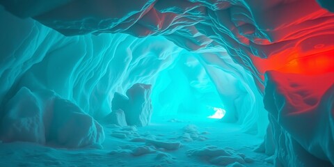 Vibrant Ice Cave with Ethereal Blue and Orange Lighting Creating a Dreamlike Atmosphere for Nature and Adventure Photography