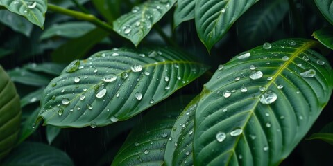 Fototapeta premium Fresh Green Leaves Glimmering with Water Droplets Under Natural Light After Rainfall in a Lush Tropical Environment