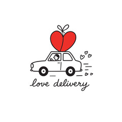 Love Delivery Car &mdash; Valentine&rsquo;s Day Vector Illustration with Red Heart