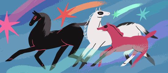 Colorful scene of running horses family on starry background. New year creative cute banner, poster, placard or calendar header print. Horse constellation and stellar concept for wall art design.