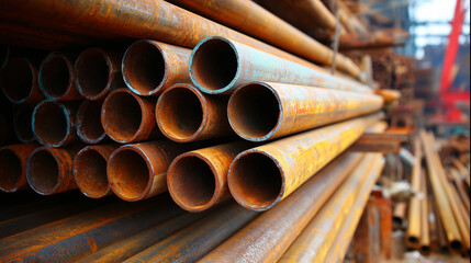 Stacked  construction steel bars in industrial setting,bulk commodity,market trend,copy space