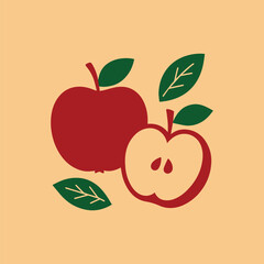 Minimal flat-style illustration featuring a pair of red apples  one whole and one sliced to reveal seeds  accompanied by green leaves.