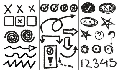 Black Hand-Drawn Highlight and Underline Sketch Elements, Crayon and Pen Doodle Marks, Check Marks, and Notebook Shapes