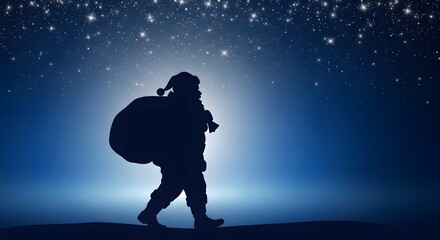 Obraz premium A silhouette walks against a starry, deep blue sky, carrying a heavy sack under the soft, diffused light.