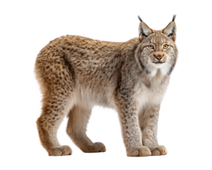 A large, fluffy lynx standing isolated