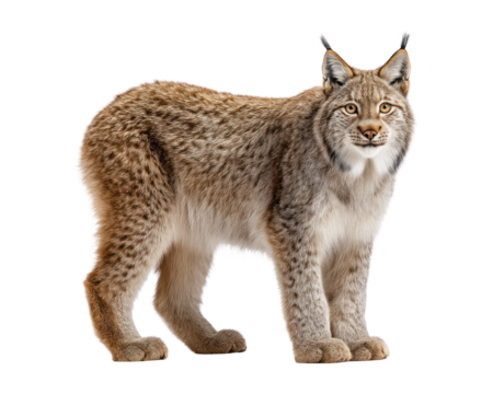 A large, fluffy lynx standing isolated