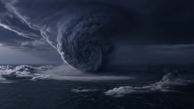 Aerial view depicts massive storm, tornado-like funnel cloud over coastal city