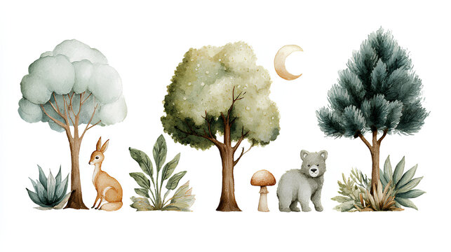 Set of cute elements nature, watercolor isolated objects for design baby room, mural or wallpaper. Stock Illustration