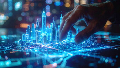 Futuristic Urban Design: A person's hand hovers above a glowing, holographic cityscape, symbolizing innovation and technological advancement in the modern metropolis.