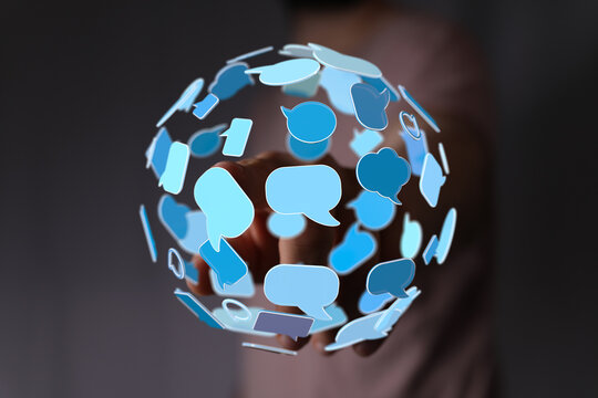 Concept of communication network, business, person holding speech bubbles. Connection and conversations are key elements for growth. - Powered by Adobe