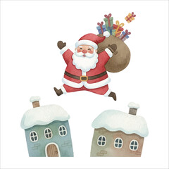Santa Doing Parkour Jump Watercolor Vector Illustration on White Background
