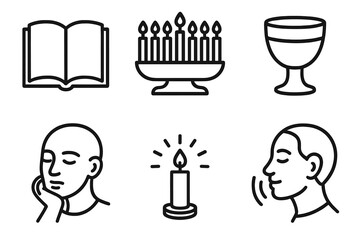 Kwanzaa Daily Reflections outline icon set: open journal, lit kinara, unity cup, thoughtful face, candlelight glow, peaceful moment. , , High resolution, sharp vector-like