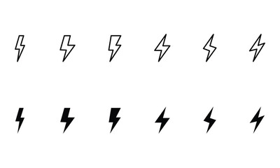 Set of lightning bolt icons in outline and solid styles on white background. Simple electric energy symbol ideal for power, electricity, weather, technology, and minimalist graphic design use