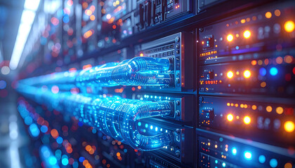 Digital Network Infrastructure: Dive into the heart of a data center, where rows of servers hum with the lifeblood of modern connectivity, illuminated by the vibrant glow of digital technology. 