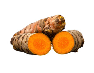 Halved and whole root vegetable with vibrant orange interior against black