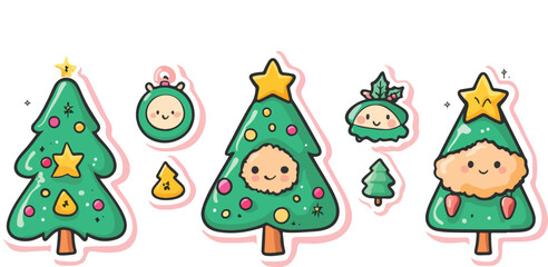 Set of funny cartoon animals, Christmas tree and snowman vector illustration set for holiday decoration