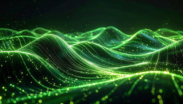 Abstract, dynamic visualization of flowing lines in vibrant green, suggesting data or energy.  Lines undulate with floating particles
