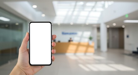 A hand holds a smartphone with a blank white screen in a modern, bright lobby setting, showcasing potential app or website design.