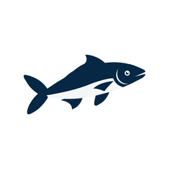 Simple flat vector illustration of a fish silhouette in dark blue and white colors. Minimal aquatic animal design ideal for seafood, fishing, marine, nature, and ocean-related graphic concepts.