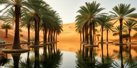 Naklejka premium Tranquil Oasis Surrounded by Lush Palm Trees and Serene Water Reflection in a Desert Landscape