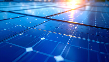 Obraz premium Solar Panels and Renewable Energy: A grid of sleek solar panels glistens under the bright sun, offering a glimpse into a sustainable future.